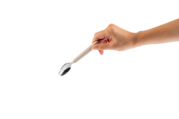 Hand and metal white spoon on transparent background.