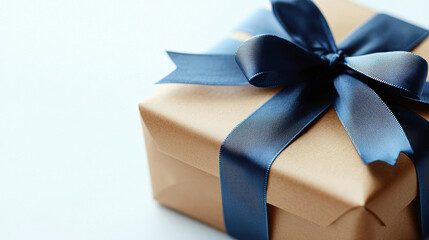 beautifully wrapped gift box adorned with dark blue ribbon, perfect for special occasions. elegant presentation evokes feelings of joy and anticipation