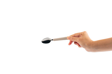 Hand and metal white spoon on transparent background.