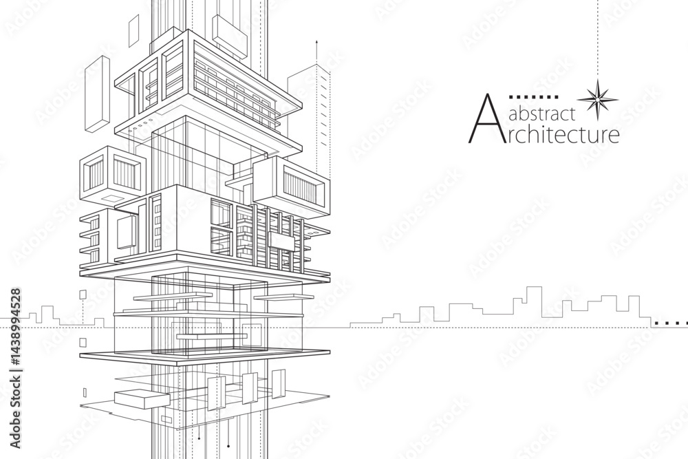 Aufkleber a 3d illustration of an abstract urban building, featuring an imaginative architectural design with 
