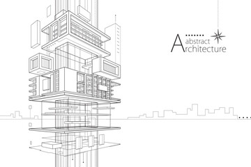 A 3D illustration of an abstract urban building, featuring an imaginative architectural design with outlined drawings.  
