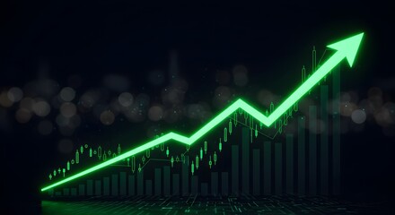 Business growth chart with rising trend line. Digital stock market data visualization for investment analysis. upward trend, stock market chart, Green arrow pointing upward on financial graph, Financi