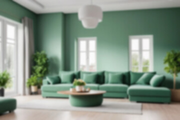 modern living room interior blurry, with sofas neatly lined up with a green theme, there are flower pots behind the sofa, near the window, bright lighting, blur wallpaper, 8k photo quality