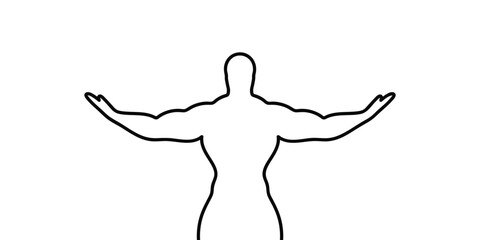 Minimalist line drawing of a muscular person with arms outstretched from the back, symbolizing strength and fitness, perfect for gym, workout, and motivational designs.