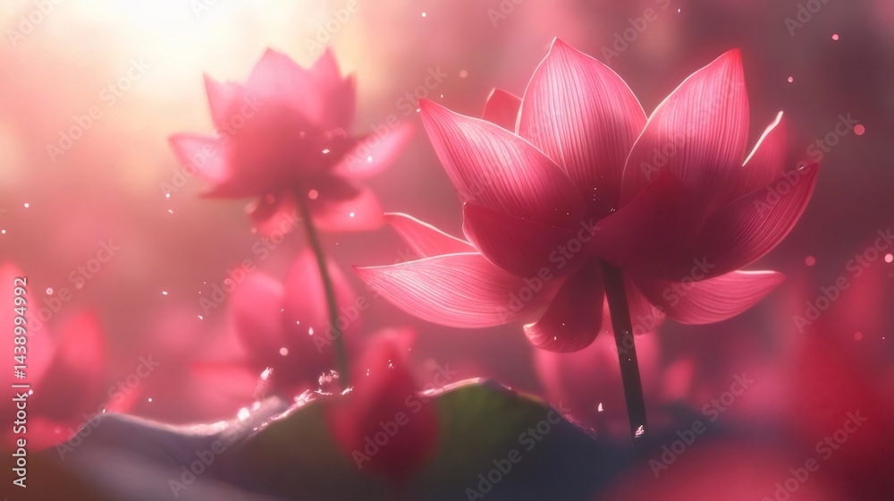 Poster ピンク色の蓮の花々が水面に浮かび上がり優美に咲き誇る姿 水滴を纏い葉の緑と光の中で輝く様子