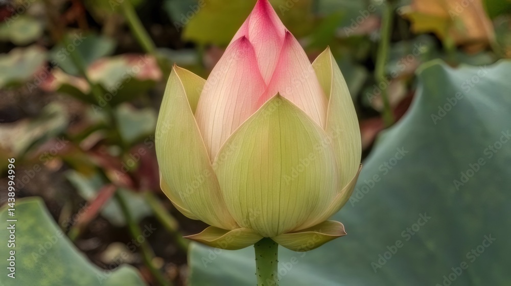 Aufkleber ピンクとグリーンの蓮の花のつぼみのクローズアップ 水面に近い庭園の背景に咲く姿を捉えた写真