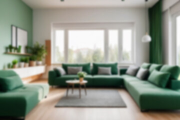 Fototapeta premium modern living room interior blurry, with sofas neatly lined up with a green theme, there are flower pots behind the sofa, near the window, bright lighting, blur wallpaper, 8k photo quality