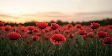 Vibrant Red Poppies Blooming at Sunset in a Field A Stunning Nature Scene