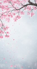Minimalistic cherry blossom petals gently falling through a soft pastel grayish-blue sky, creating a serene and calm spring scene