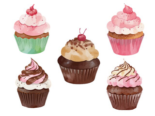 muffin cupcake watercolor vector collection cake chocolate strawberry food illustration icon set party sugar celebration happy birthday wedding