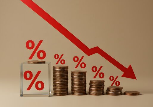 business and financial loss concept, Percentage sign on glass cubes with Stack of coin bar chart and red graph trending downwards on white background. Economy recession crisis, inflation, stagflation,