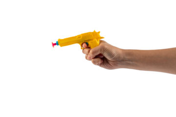 Plastic yellow toy gun shaped llike a real one on transparent background