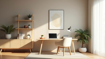 A serene room showcasing a desk and chair in a cozy japandi home office with warm minimalist setup emphasizing natural materials and aesthetics