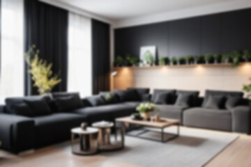Fototapeta premium modern living room interior blurry, with sofas neatly lined up with a black theme, there are flower pots behind the sofa, near the window, bright lighting, blur wallpaper, 8k photo quality
