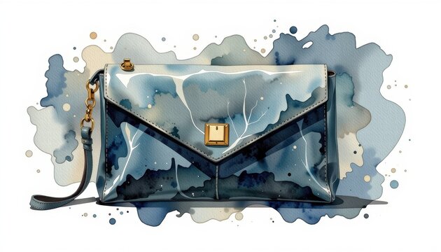 watercolor clutch bag illustration featuring a chic leather clutch with gold details soft minimalistic composition ideal for fashion accessories promotions