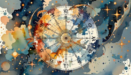 celestial astrology watercolor featuring zodiac wheel with hand painted signs constellations and cosmic color splashes perfect for horoscope editorial content