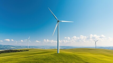 Clean Energy Wind Turbines on Rolling Green Hills Under a Blue Sky Sustainable Power Generation