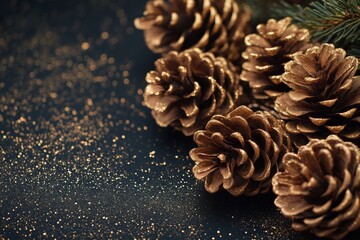 Festive Gold Pine Cones on Dark Glitter Background Holiday Decor Winter Season