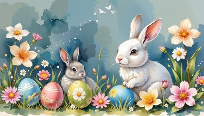 Watercolor Easter scene with pastel colored eggs, bunnies, and blooming flowers.