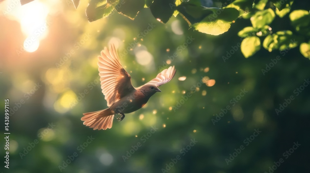 Aufkleber 輝く太陽光の中を飛ぶ茶色の鳥の姿を捉えた写真 鮮やかな緑の葉の背景に映える姿
