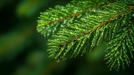 Fototapeta premium Dew drops on lush green pine needles.