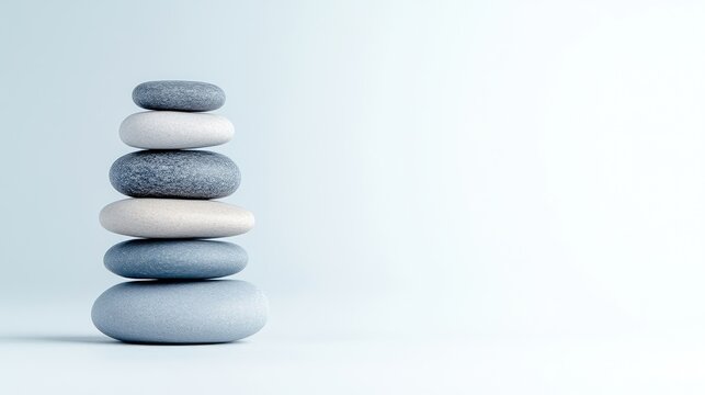 Smooth pebbles stacked in a balanced pyramid on a minimalist white background, showcasing tranquility and zen, and serene composition.