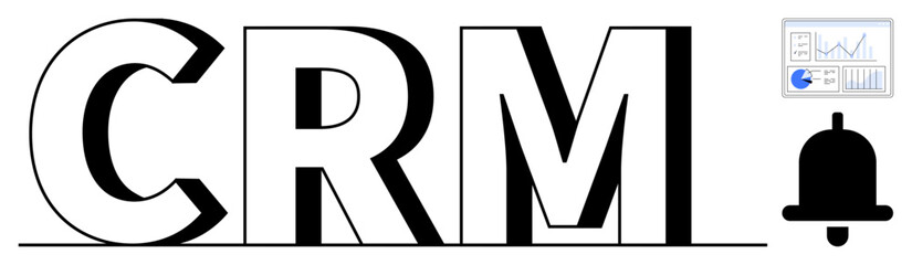 CRM text with bell icon and data chart representing customer management, analytics, and growth strategies. Ideal for business management, productivity, organization, sales tracking, data-driven