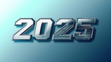 A bold, modern "2025" text style with sharp geometric elements and metallic textures, set on a gradient background transitioning from silver to deep blue. 