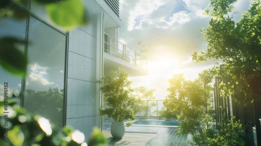 Poster 晴れた日の高層建築物 屋外テラスに木々が並び プールと輝く太陽が美しい風景