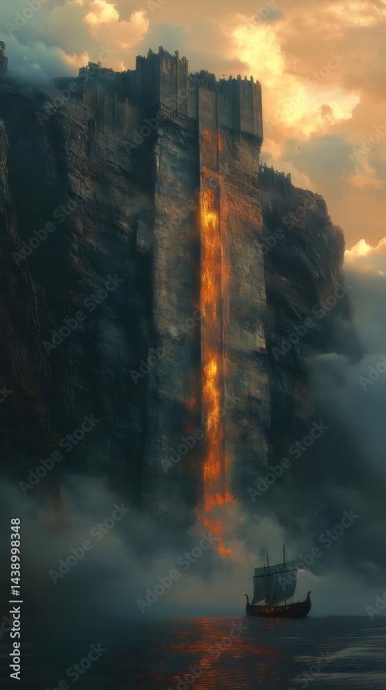 Poster そびえ立つ崖と城とオレンジ色の光の下の海に浮かぶ帆船