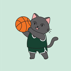 Cute dark gray cat playing basketball. Cartoon sporty character illustration.