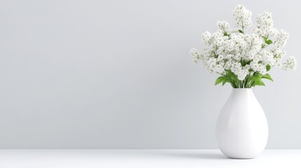 Simple elegance in a minimalist setting. A bouquet of white flowers in a plain white vase against a neutral backdrop.  A serene and peaceful interior design