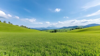 Fototapeta premium Rolling Green Hills Distant Mountains Lush Landscape High-Resolution Vibrant Lighting Wide Angle View Undulating Terrain Peaceful Serenity Scenic Vista Bright Sunny Day Ideal for Travel Brochures