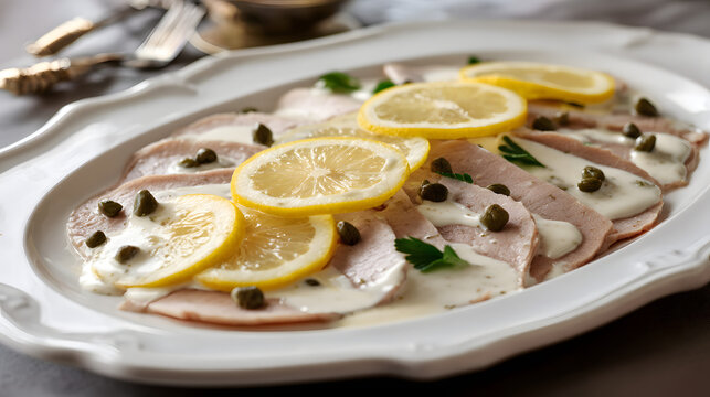 Classic Piedmontese Vitello Tonnato with Lemon Slices and Capers on Elegant Serving Plate