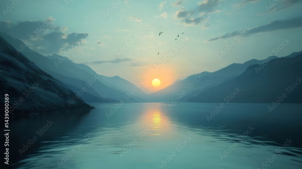 Aufkleber 夕暮れ時の湖と山々の風景 太陽が水面に反射し空は青色とオレンジ色 穏やかな自然の情景