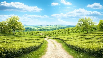 Fototapeta premium Stunning Tea Plantation Landscape Under a Vibrant Sky