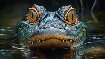 Fototapeta premium Realistic crocodile close-up with wet scales and glowing eyes