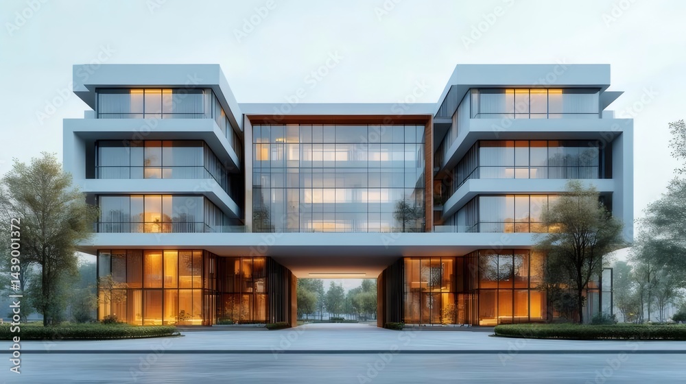 Aufkleber 近代的な建築デザイン 均整の取れた白い建物とガラス窓 屋外の街路照明と木々の風景