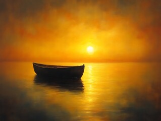 Fototapeta premium Solitary boat at sunset, calm water.