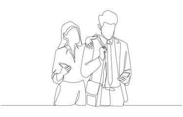 Continuous one line drawing of female worker inviting her male colleague to hang out with group after work, colleauge relationship concept, single line art