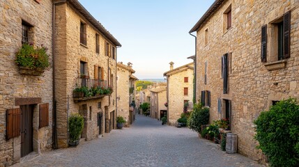 Fototapeta premium Charming cobblestone street in a picturesque European village with old stone buildings and flower boxes