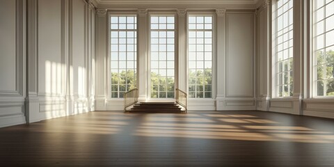 Elegant Room Interior Design Sunlit Hardwood Floor and Grand Windows