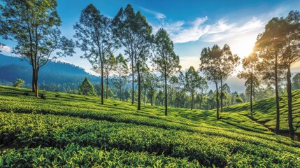 Naklejka premium Stunning Tea Plantation Landscape at Sunrise
