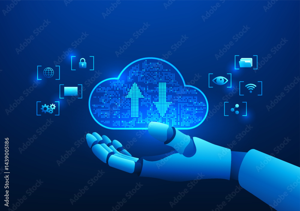 Poster robotic hand interacts with cloud computing, representing advanced data processing and business supp