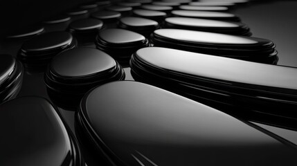 Abstract geometric design of black, polished, overlapping shapes.