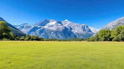 Fototapeta premium Mountain Range with Lush Meadow Vibrant Nature Style High-Definition Landscape Wide Shot Green Grass Serenity Peaceful Mountain Vista Bright Sunny Tones Ideal for Travel Brochures