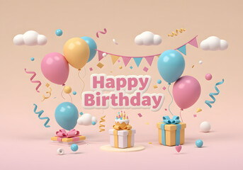 Happy Birthday! Festive 3D Render with Balloons and Gifts