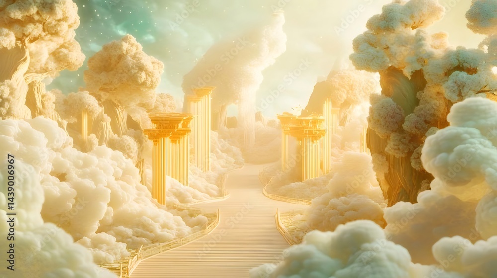 Aufkleber 黄金の柱が並ぶ白い雲の道 天国のような幻想的な風景 明るい光が降り注ぐ神秘的な雰囲気