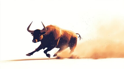 Powerful bull in motion, kicking up dust