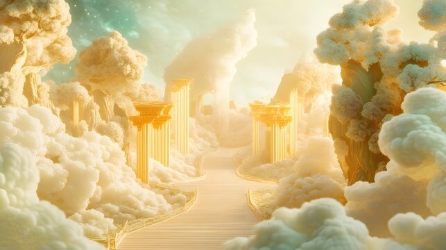 Fototapeta 黄金の柱が並ぶ白い雲の道 天国のような幻想的な風景 明るい光が降り注ぐ神秘的な雰囲気